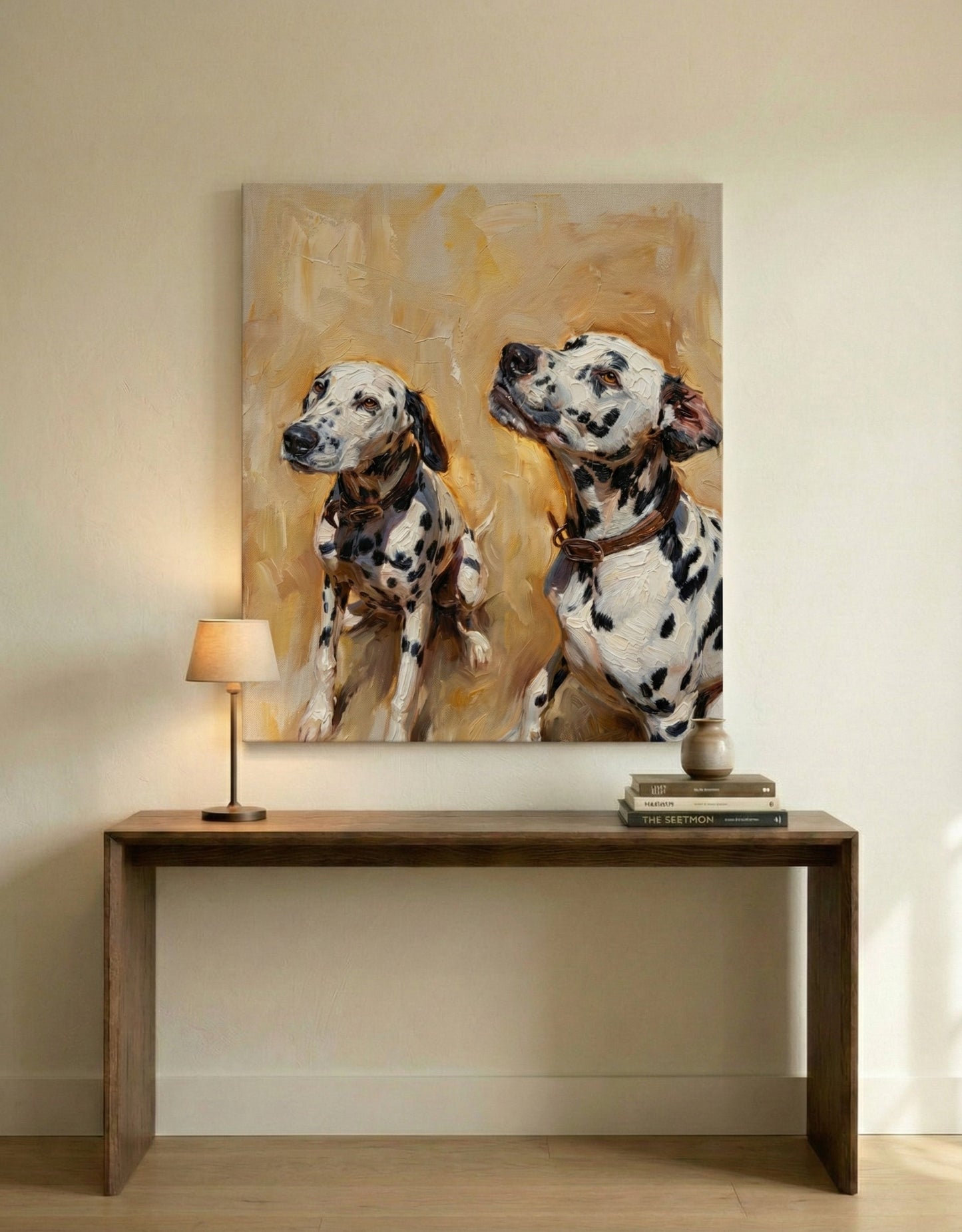Dalmatian portrait canvas hanging on wall above console table