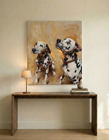 Dalmatian portrait canvas hanging on wall above console table