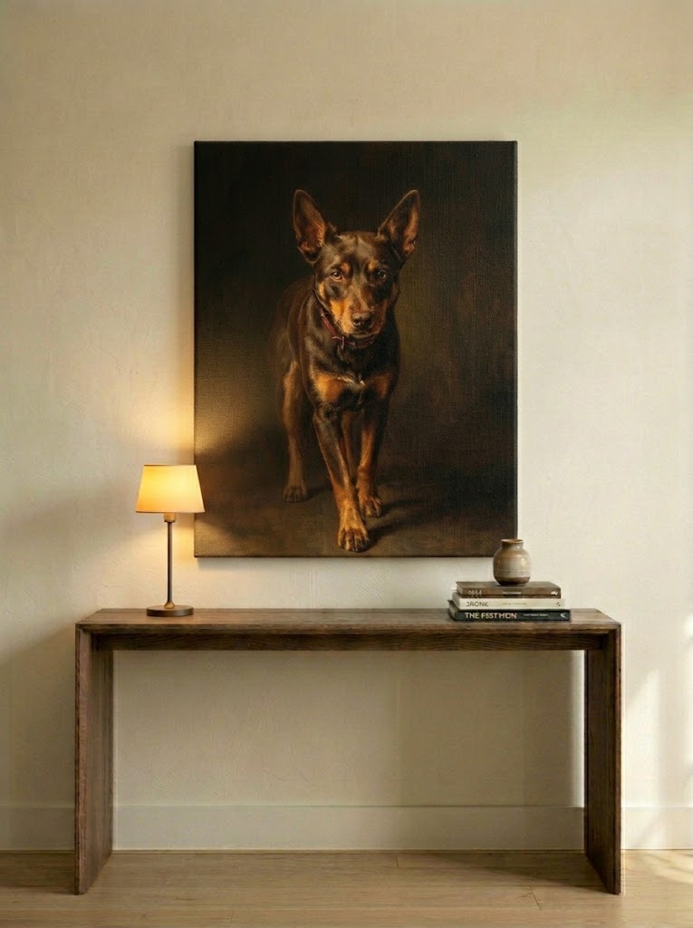 Pet portrait canvas hanging on wall in living room
